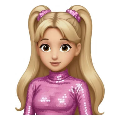 Ariana Grande with long dark blonde ponytail hair, light pink sequin outfit sticker