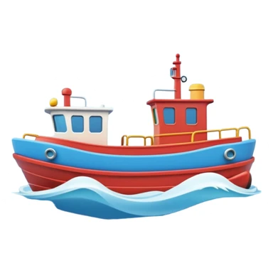A 3D cartoon tugboat towing another boat on calm blue water, soft waves, clear sky, Memoji-style. sticker