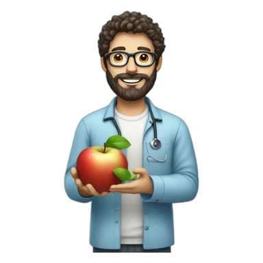 A male nutritionist with a full beard and dark, curly hair and white skin, wearing glasses, holding an apple in his hand. Who has a light blue shirt on. sticker
