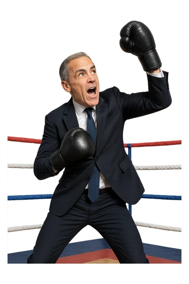 Mark Carney, former Bank of England governor, performing a classic boxing uppercut, energetic pose, gloves up, in a boxing ring, expressive face, business attire with boxing gloves, dynamic action, clear background sticker