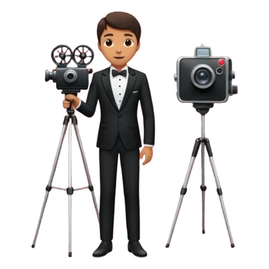 an actor standing on a red carpet with a formal tuxedo, with only one movie camera on a tripod next to him. sticker