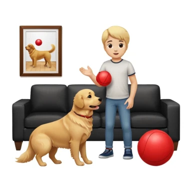 kid and dog playing with ball, living room background sticker