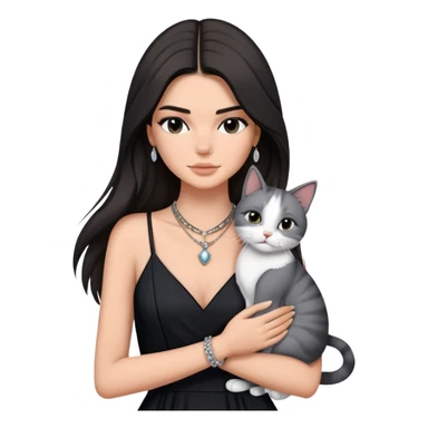 Kendall Jenner long hair with black dress and necklace hug one grey white cat sticker