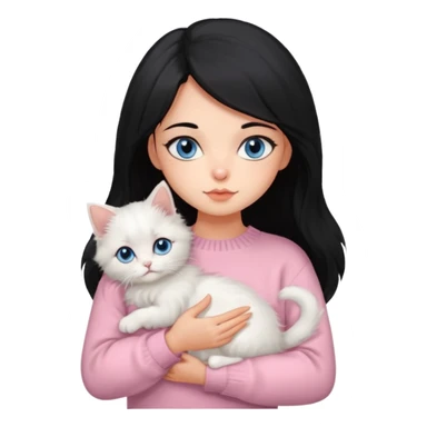 Girl with mid long black hair in soft pink sweater holding A 2-month-old Persian-Angora mix kitten with blue eyes and mostly orange fur with white patches cat sticker