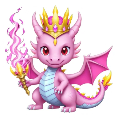 cute pink dragon queen breathing magical fire, dark fantasy style, glowing red eyes, lightning aura, royal crown, powerful pose, bold outline, transparent background, twitch badge sticker