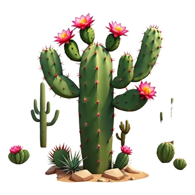 Cinematic Realistic Cactus Emoji, Tall and spiny, with thick, rounded stems covered in sharp spines. Bright flowers bloom at the tips of some branches, adding a pop of color against the desert backdrop. Soft glowing outline, capturing the essence of strength, survival, and desert beauty in a striking cactus! sticker