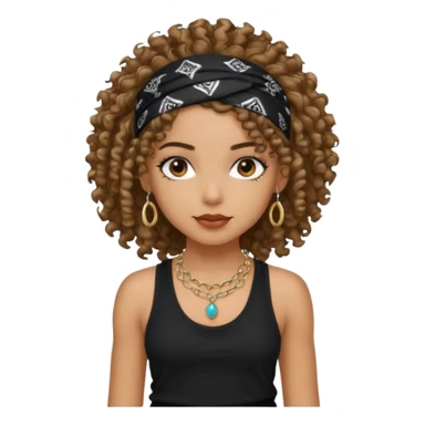 Baddie girl with black  tank top curly hairss and bandana and jwellery sticker