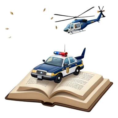 Icon for Action & Crime Reading: an open book with text, from which a police car is driving out along the pages, with explosions behind, a helicopter flying overhead, and a pistol with ammo and grenades in front. Transparent background. sticker