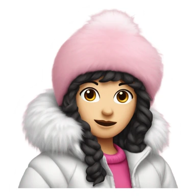 white girl wearing a pink furry hat with a puffy ball on top and with a big puffy white jacket on with black hair sticking out of it sticker