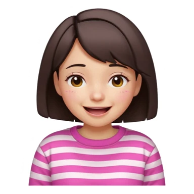 Emoji of a cute 3D girl with short dark brown bob hairstyle, wearing a pink and white striped sweatshirt. She is laughing uncontrollably, tears of joy, white background sticker