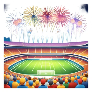 An icon showing a large stadium with bright floodlights, fireworks bursting in the sky, and a lively crowd below. The design captures the excitement and energy of concerts and festivals, with vibrant colors and a festive atmosphere. Set against a transparent background to highlight the celebration. sticker