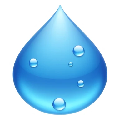 showing small blue water droplets floating gently in the air above a shiny surface, creating a fresh and slightly wet appearance — the surface has a soft reflective glow, representing humidity or moisture — clean, soft lighting and smooth rounded emoji design sticker