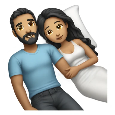 A couple cuddling in a bed. The man has white skin with a black and grey beard and black hair. The woman has white skin and brown hair with highlights. sticker