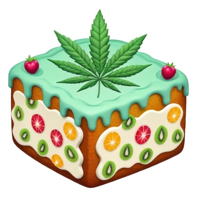 colorful frosted fruit cake with cannabis leaf sticker