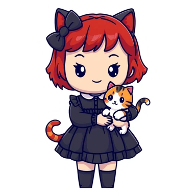 Girl with black and red-tipped hair in black Lolita dress with tabby cat sticker
