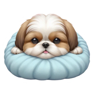 Meme-Worthy Cute Sleeping Shih Tzu Portrait Emoji, Head resting peacefully with a tender, contented smile and eyes delicately closed in serene slumber, showcasing a luxuriously fluffy fur in soft pastel tones, simplified yet irresistibly adorable, highly detailed, glowing with a warm, drowsy radiance, high shine, exuding calm, cozy charm, styled with a gentle, soft glowing outline, capturing the essence of a sleeping Shih Tzu that radiates utterly adorable, sleepy bliss! sticker