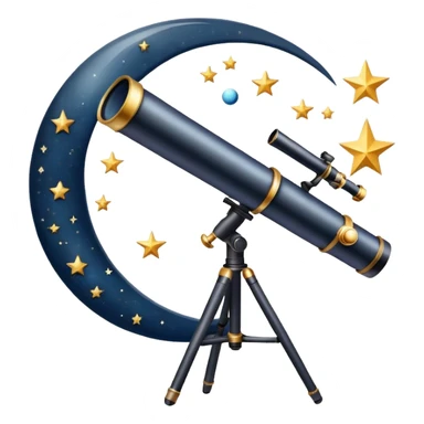 An icon featuring a telescope, stars, and a planet, symbolizing astronomy. The design includes a crescent moon, distant galaxies, and constellations, representing the study of space and celestial bodies. Transparent background highlights the exploration of the universe and cosmic phenomena. sticker