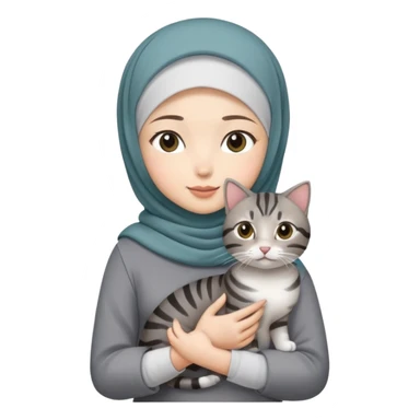 Asian White girl wearing hijab holding a black grey tabby cat while standing .  sticker