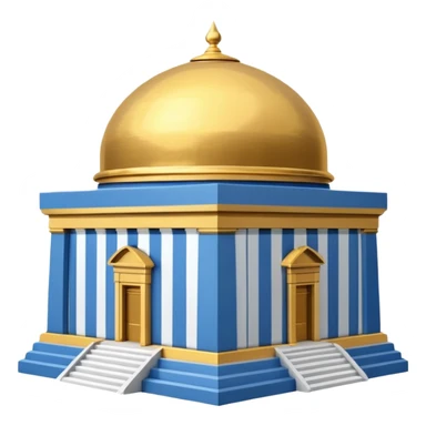  cubic temple with blue horizontal stipes on the side and a golden dome on top. The temple has no pillars and the dome has now spiral on top sticker