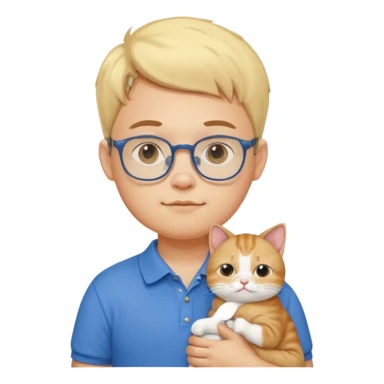 emoji ios, soft boy carrying a cat, light yellow skin, blue polo shirt, bespectacled, cute and a little plump, with slightly chubby cheeks. sticker