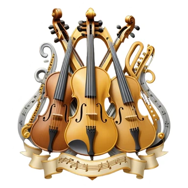 Create a sophisticated, festive, and professional emoji collage resembling a coat of arms, symbolizing string instruments. The design should feature several string instruments, such as a violin, cello, guitar, and harp, arranged in an elegant, balanced composition. Each instrument's neck (fingerboard) should intertwine with flowing musical notes, forming a ribbon-like structure that weaves through the instruments. The strings of the instruments should be emphasized, creating a dynamic and elegant effect. Use rich gold and silver accents to highlight the professional quality of the instruments, with deep wooden tones for the body of each instrument. Surround the instruments with a subtle border, resembling a heraldic crest, and add small decorative elements like laurel leaves or subtle flourishes. The background should be transparent to keep the design clean and polished. sticker