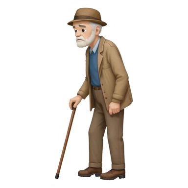 Old man leaning on a walking cane and holding his crancky back with his hand, grumpy face, detailed. Side view with the man going right sticker