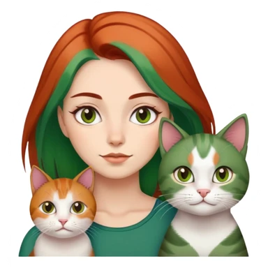 woman with brown and green hair next to a three-colored cat sticker