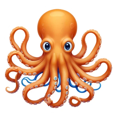Cinematic Comical smirking Octopus Portrait Emoji, Head tilted dramatically with an exaggeratedly amused expression, featuring a rotund, light orange body festooned with bold blue rings and eight wildly expressive arms with comically animated suckers, Simplified yet hilariously expressive features, highly detailed, glowing with a slightly sassy underwater glow, high shine, dramatic yet playful, stylized with an air of quirky marine mischief, soft glowing outline, capturing the essence of a meme-worthy octopus that looks ready to squirt its way into viral fame! sticker