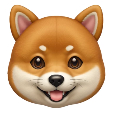Head of a Shiba Inu dog, in orange-brown fur with white muzzle and cheeks, round face, big black eyes, perky ears, grinning with closed mouth, no tongue, front-facing, glossy texture, soft shadows
 sticker