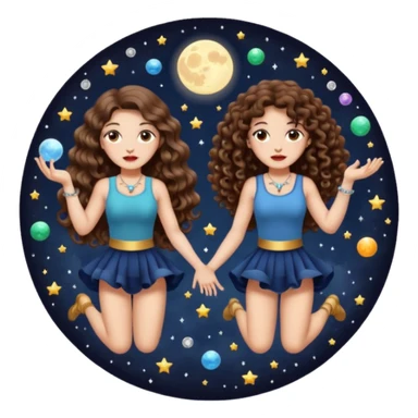 moon juggling — long wavy brown hair tattooed woman and short tight curly brown hair woman — tiny moons and crystals sticker
