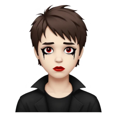 Happy pale Goth boy with shaggy brown hair, and messy black eyeliner , smudged, red, lipstick  sticker