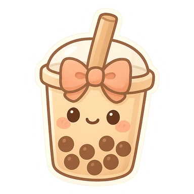 chibi sticker-style bubble tea with a big bow, cute and exaggerated sticker
