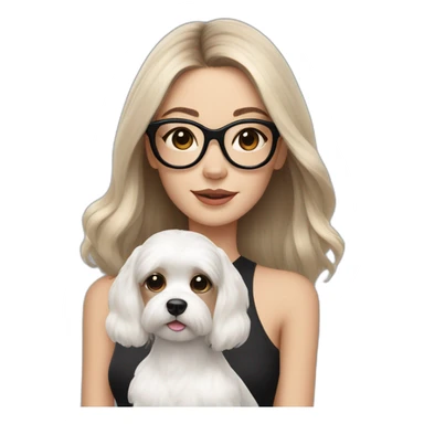 fashionable girl in large McQueen glasses, with shoulder-length brown hair and a white Maltese dog in her arms sticker