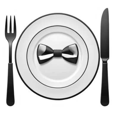Minimalistic flat vector icon, iOS style, thin black contour on white background. Fork and knife crossed on a plate with a small bow tie above. Clean, no text, no shadows sticker