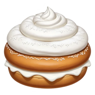 A bun with visible whipped cream in the middle beteween two bun halves and powdered sugar on top, no cream on top sticker
