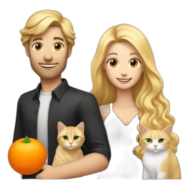 A couple consisting in a white man with long black hairand a blonde white woman holding an orange and white cat with long hair sticker