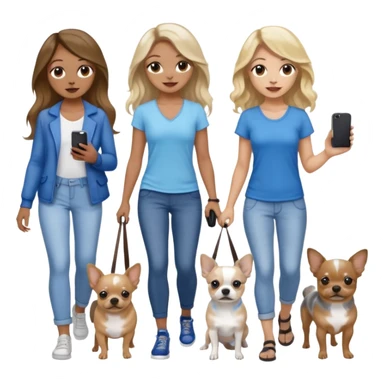 Three women in summer clothes holding iPhone, hazel eyed light skin with dark blonde long hair and light skin hazel eyed brown long wavy hair, blue eyed light skin long blonde hair walking 2 different dogs that are blue and gray spotted Merle Frenchie and one black and tan chihuahua  sticker