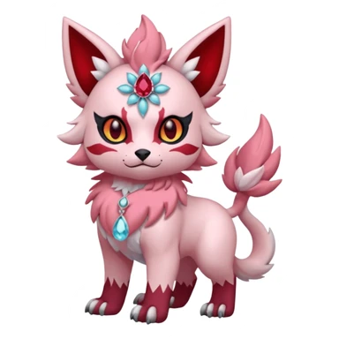 Floral pastel pink and ruby-jewelry-adorned Absol-Litten-Amaura-fusion-Fakemon-animal-creature  sticker