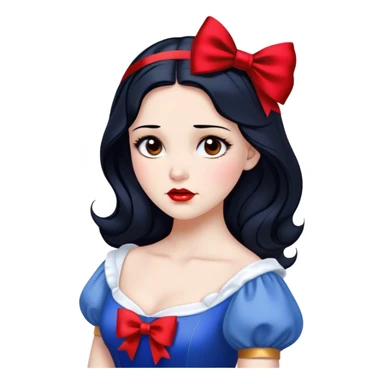 Cinematic Elegant Snow White Portrait Emoji, rendered in a realistic, vector-style with minimal shading and bold, simplified shapes. Depict Snow White (chest and above) with flawless porcelain skin, expressive deep brown eyes, and lustrous raven hair neatly styled with a red bow, wearing her classic blue and gold dress. The image glows with a soft, pure radiance and high shine, capturing timeless beauty and gentle grace. sticker