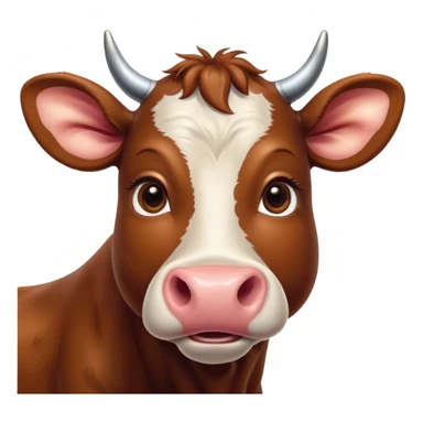 Cinematic Cute Brown Cow Portrait Emoji, Head tilted playfully and inquisitively, featuring a glossy, rich brown hide with a natural sheen, round, sparkling brown eyes filled with gentle curiosity, Simplified yet irresistibly adorable features, highly detailed, glowing with a warm, friendly glow, high shine, affectionate and serene, stylized with a touch of country charm, bright and endearing, soft glowing outline, capturing the essence of a mischievous yet loving cow, so playful it feels like it could moo out of the screen and into your arms! sticker
