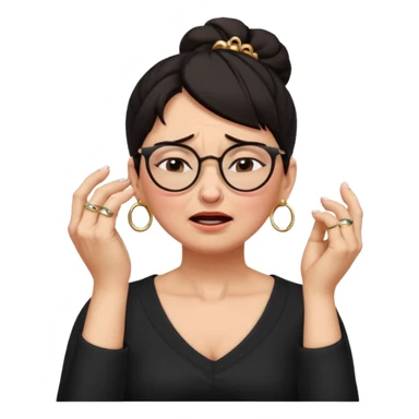  middle aged woman with dark hair pulled up in a high bun, wearing round ring earrings and glasses with a very painful expression on her face, eyes squeeed shut, wincing in pain, sticking her fingers in her ears trying to not hear a terrible singer who is too loud and out of tune.  sticker
