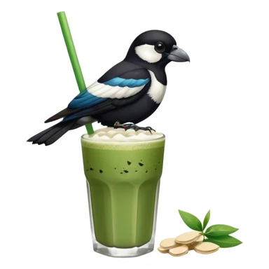 It’s an Australien Magpie sitting on an iced matcha latte on the edge of the glass. It has green matcha on its beak indicating it drank. The iced matxha latte is in a see through glass and white from the oat milk on the bottom and green on top…and there is a straw in the drink and ice cubes sticker