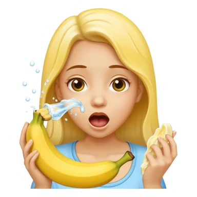 a girl rinsing mouth with pale yellow water coming out from a banana sticker
