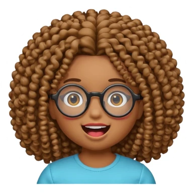 gere um boneco emoji da pele parda com o cabelo cacheado e meio grande, com olhos pretos e um óculos redondo, e também com a boca aberta mostrando os dentes sticker