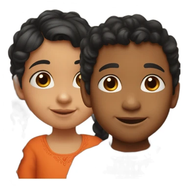 smiling 3 years old indian girl with black curly hair in pigtails wearing a orange dress with a smiling 3 years old indian boy with black hair wearing a dark red sweater sticker