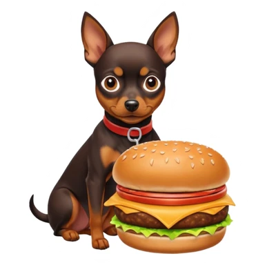 Miniature pinscher dog with white paws eating a giant, juicy hamburger sticker
