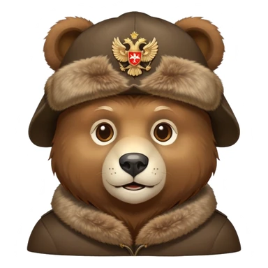 Friendly bear face wearing traditional Russian ushanka hat with double-headed eagle emblem, iOS emoji style sticker