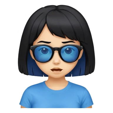 A girl with black bob hair with pony, wearing black sunglasses，funny face (0.5)， a blue t-shirt. sticker