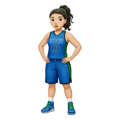 full body plus size light skin  latino women basketball player with wavy dark hair in pony tail wide nose wearing blue uniform with green accent sticker
