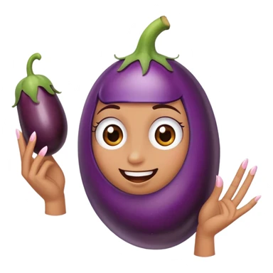 Emoji with long eyelashes and long fingernails holding an eggplant  sticker